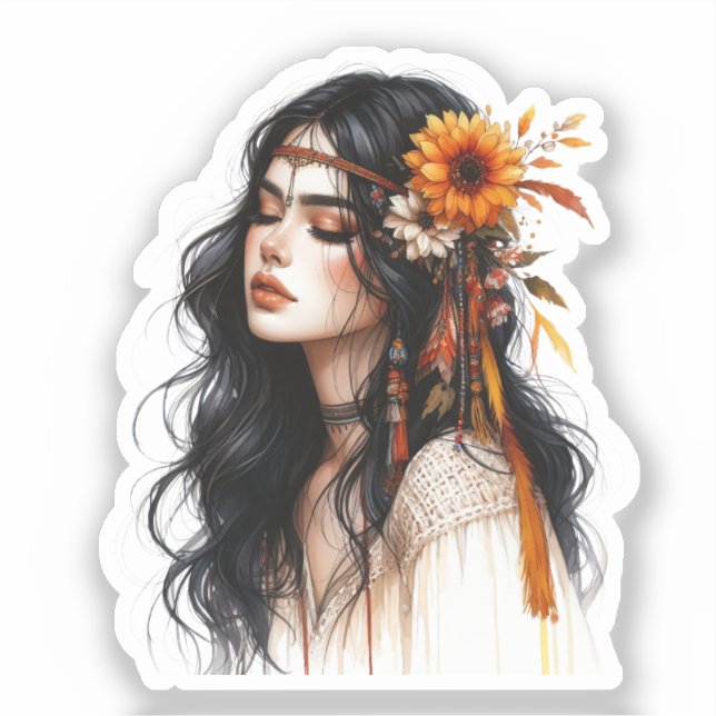 Sticker Boho Girl Art IA Mode Bohème (Recto)