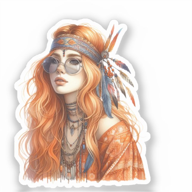 Sticker Boho Girl Art IA Mode Bohème (Recto)