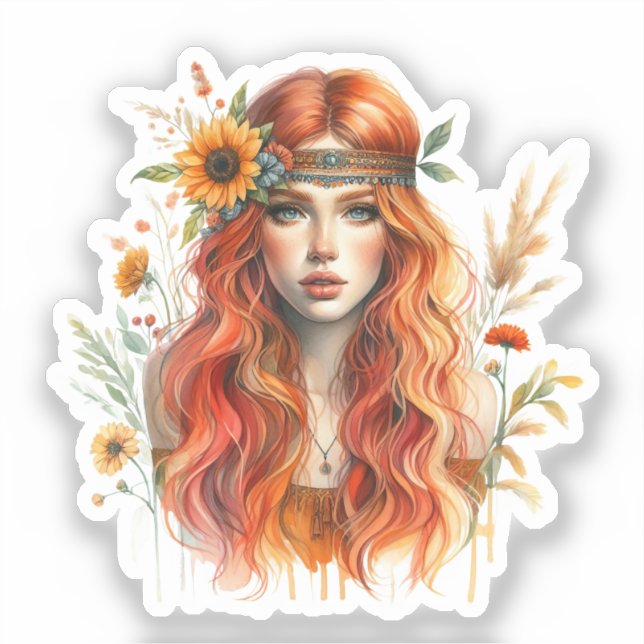 Sticker Boho Girl IA Art Mode Bohème (Recto)