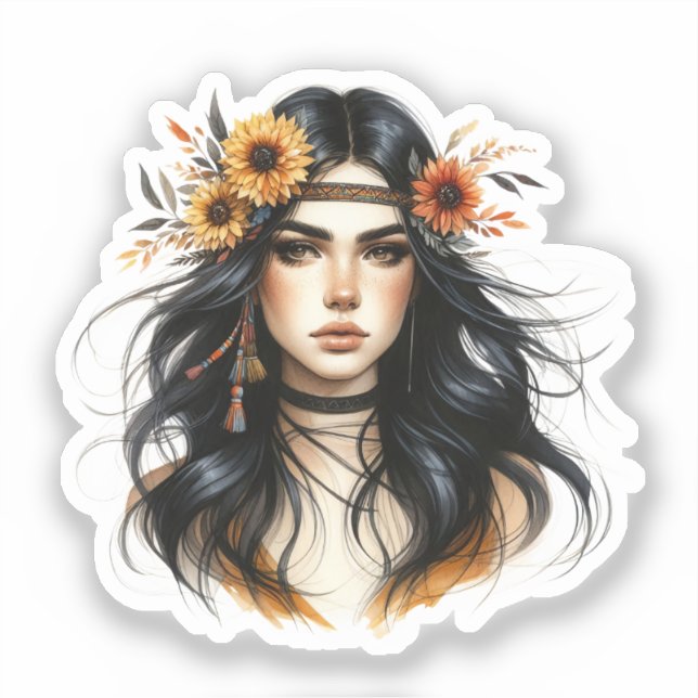 Sticker Boho Girl IA Art Mode Bohème (Recto)