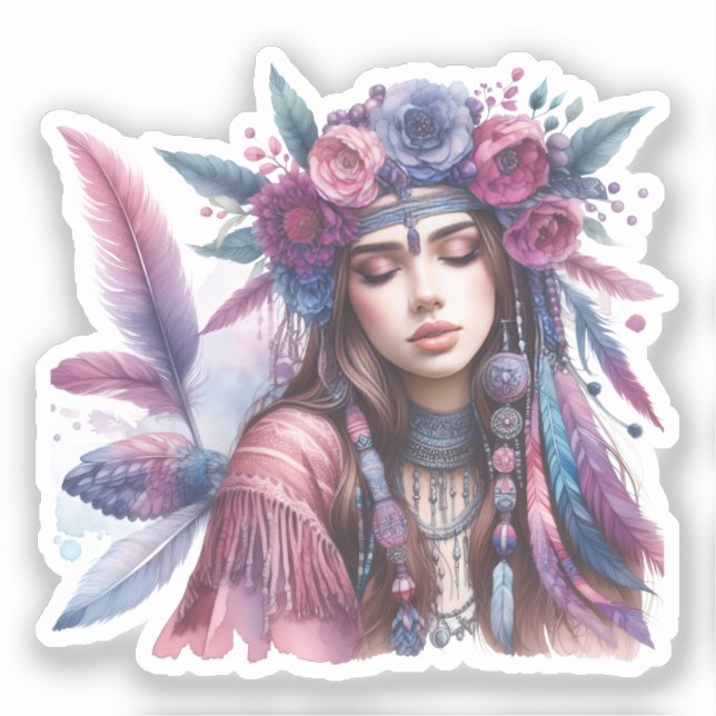 Sticker Boho Girl IA Art Mode Bohème (Recto)