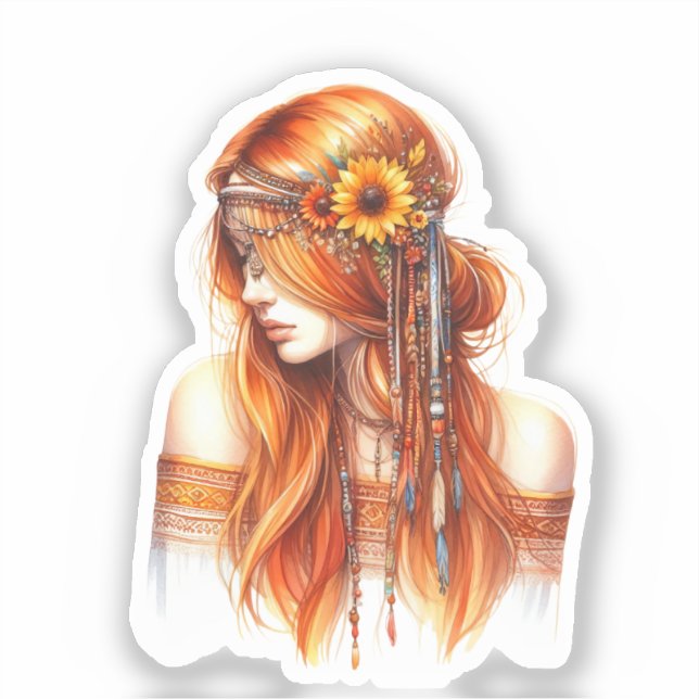 Sticker Boho Girl IA Art Mode Bohème (Recto)