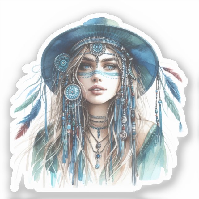Sticker Boho Girl IA Art Mode Bohème (Recto)