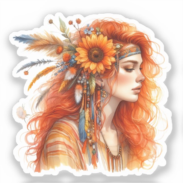Sticker Boho Girl IA Art Mode Bohème (Recto)