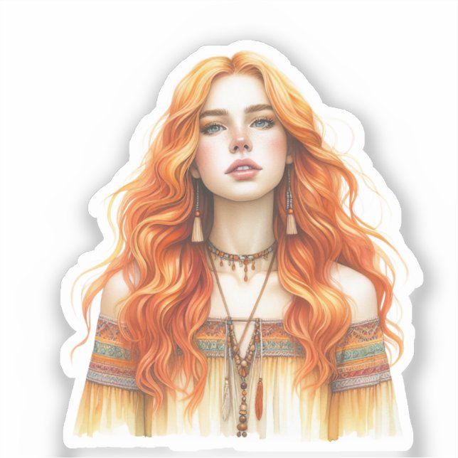 Sticker Boho Girl IA Art Mode Bohème (Recto)