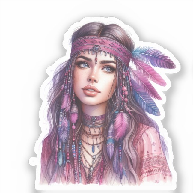 Sticker Boho Girl IA Art Mode Bohème (Recto)