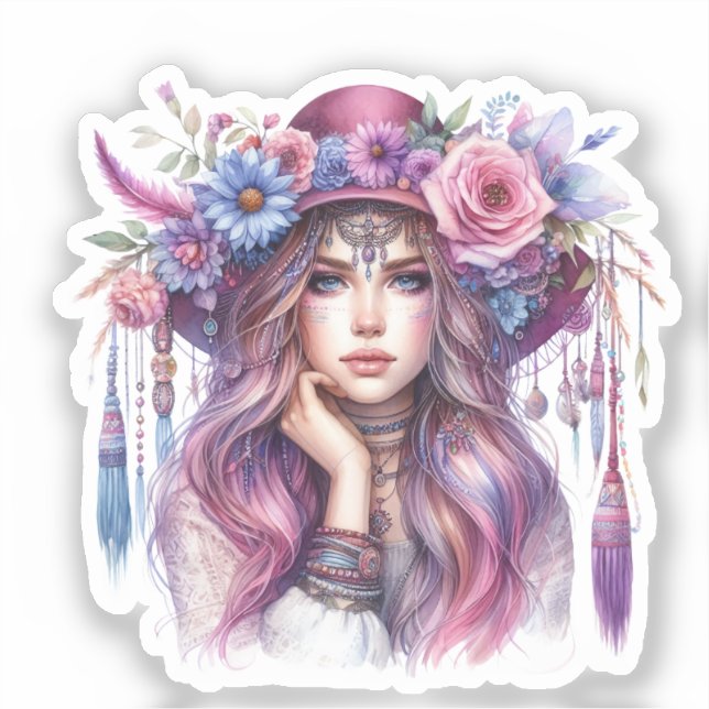 Sticker Boho Girl IA Art Mode Bohème (Recto)