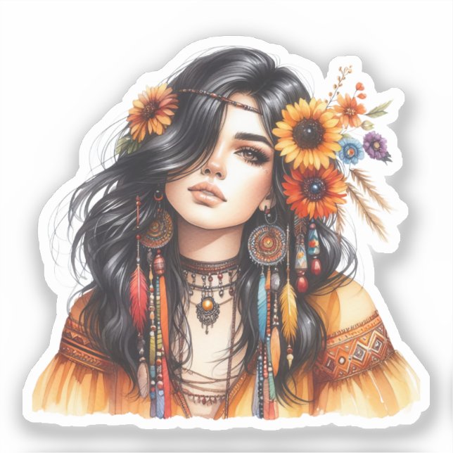Sticker Boho Girl IA Art Mode Bohème (Recto)