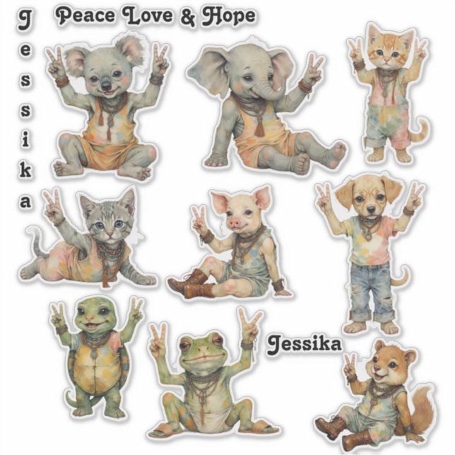 Sticker Boho Hippie Paix Bébé Animaux Personnaliser (Devant)