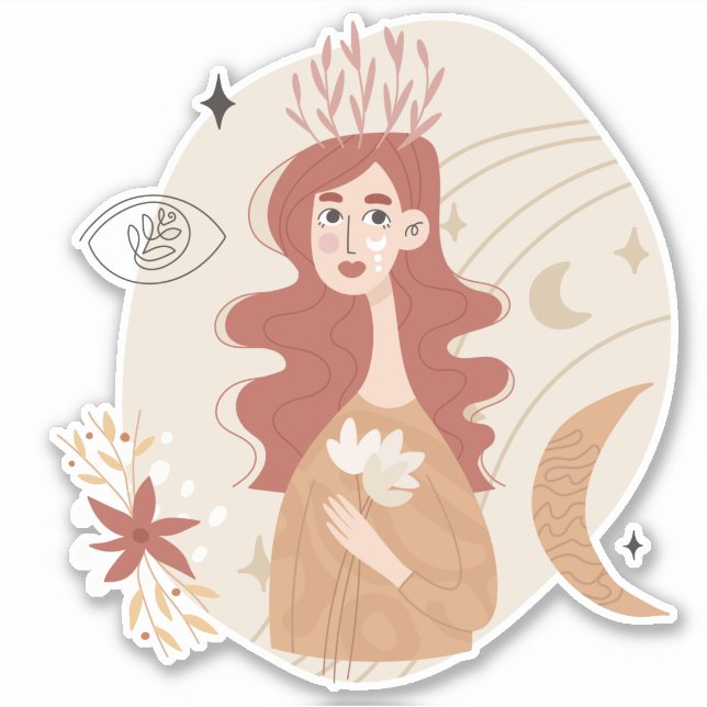 Sticker Boho rouge femme fleurs lune étoiles abstrait (Devant)