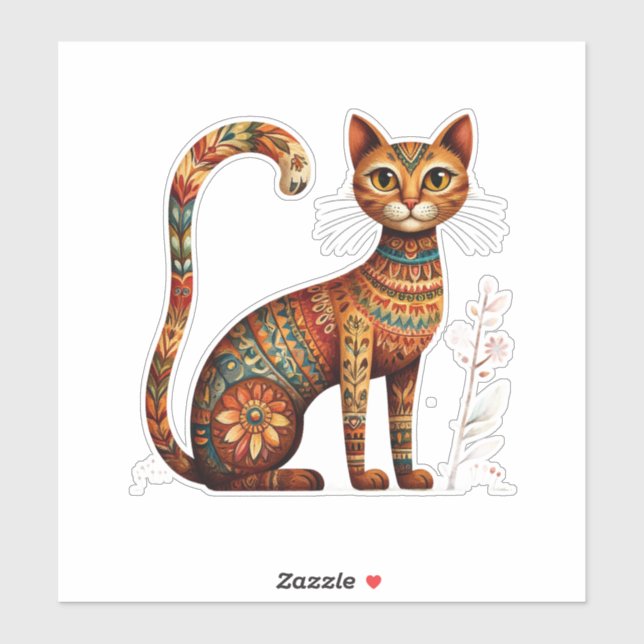 Sticker Boho Tribal Chat Mignon Art Populaire avec Fleurs (Feuille)