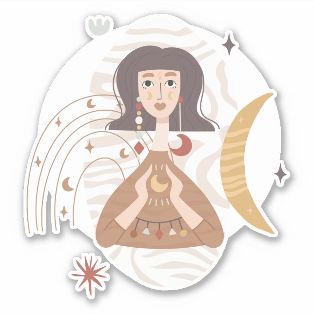 Sticker Boho woman holds the moon abstract calm neutral st (Devant)