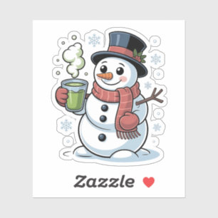 Sticker Boisson de Noël Bonhomme de Neige Buvant Matcha Ve