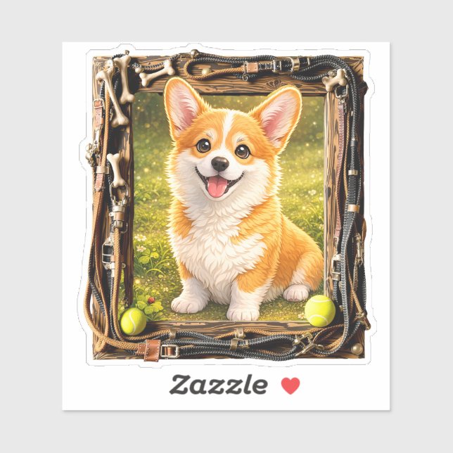 Sticker Bonheur, encadré - chiot Corgi (Feuille)