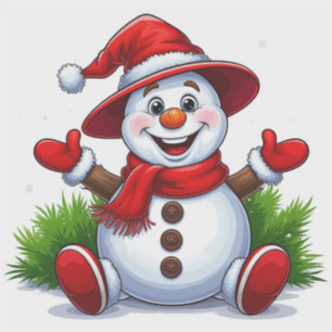 Sticker Bonhomme de neige joyeux habillé en rouge avec cha
