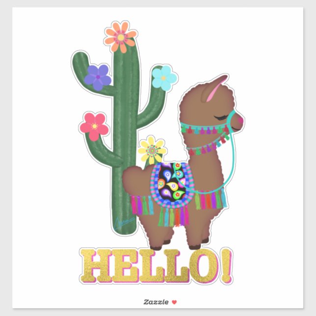 Sticker Bonjour ! | Cute Llama et Cactus (Feuille)