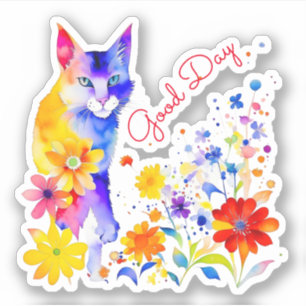 Sticker Bonne journée Chat et fleurs à l'aquarelle