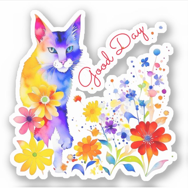 Sticker Bonne journée | Chat et fleurs à l'aquarelle  (Devant)