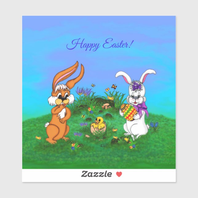 Sticker Bonne Pâques ! Lapin avec lapin et poussin (Feuille)