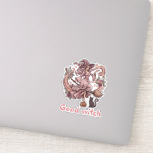 Sticker Bonne Sorcière Vintage Rose Halloween Magie & Chat