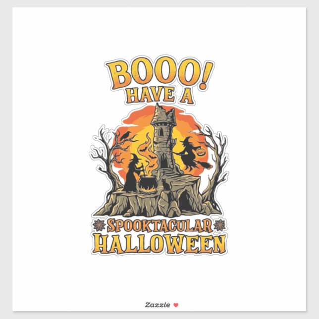 Sticker Booo Spooktacular Halloween Sorcière Chaudron Chât (Feuille)