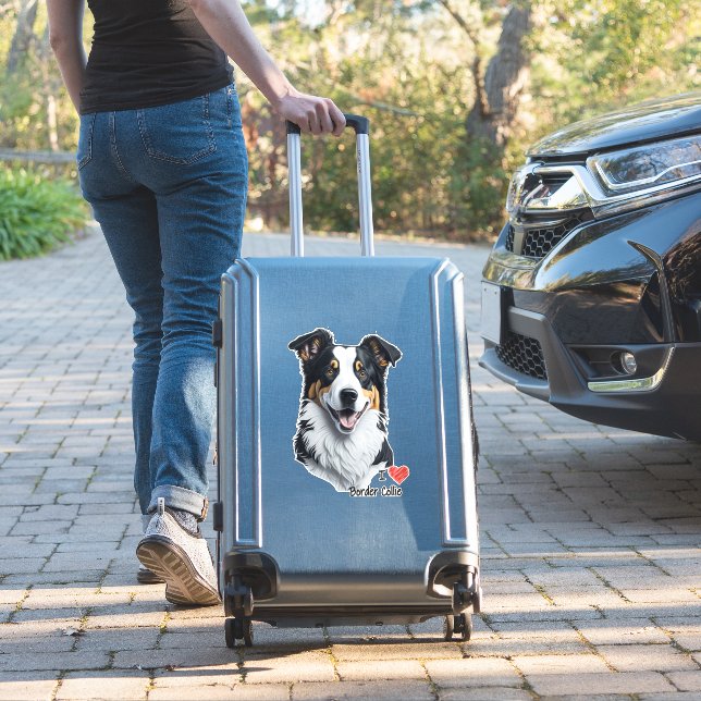 Sticker Bordure Collie face (avec le texte I Love) (Valise Insitu)