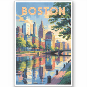 Sticker Boston Massachusetts Skyline Travel Art Vintage