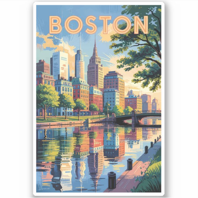 Sticker Boston Massachusetts Skyline Travel Art Vintage (Devant)