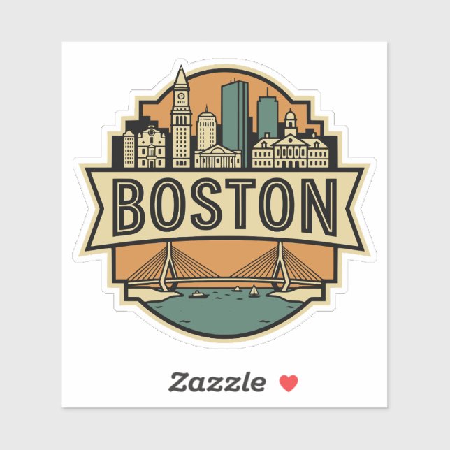 Sticker Boston Skyline Zakim Bridge Retro Travel Badge (Feuille)