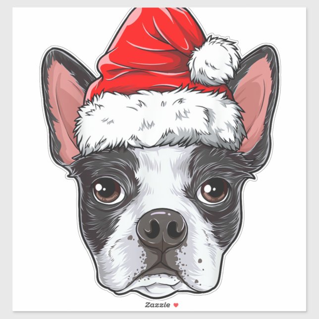 Sticker Boston Terrier Chien de Noël Santa Hat Xmas Boys K (Feuille)