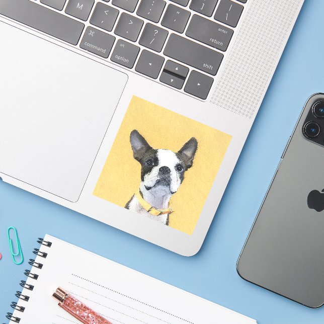Sticker Boston Terrier Peinture - Cute Original Chien Art (Ordinateur portable avec iPhone)