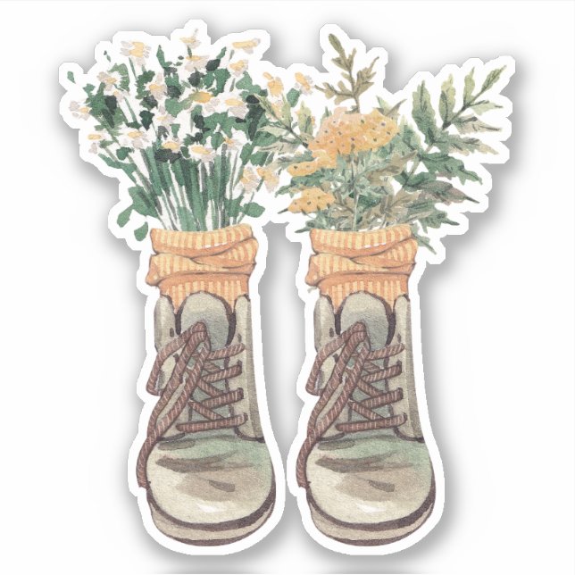 Sticker Bottes de randonnée et fleurs sauvages (Devant)