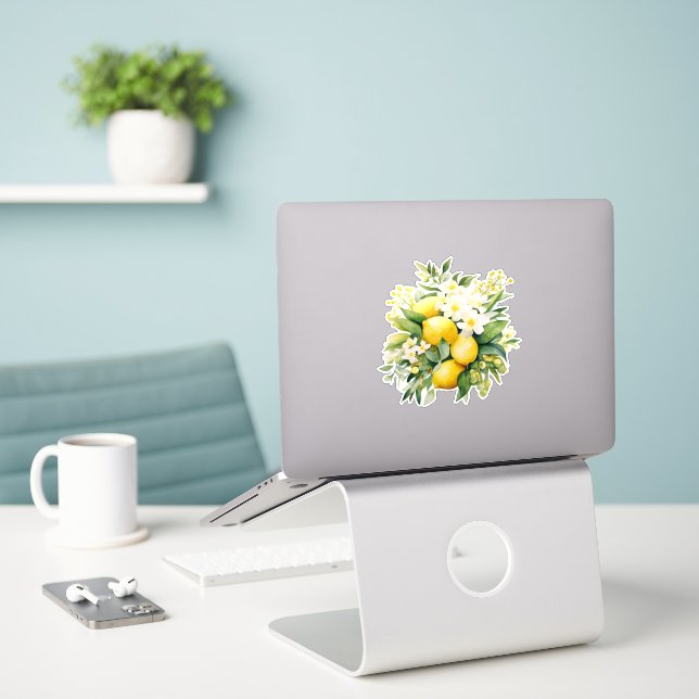 Sticker Bouquet de citron aux fleurs blanches (Ordinateur portable sur le bureau)