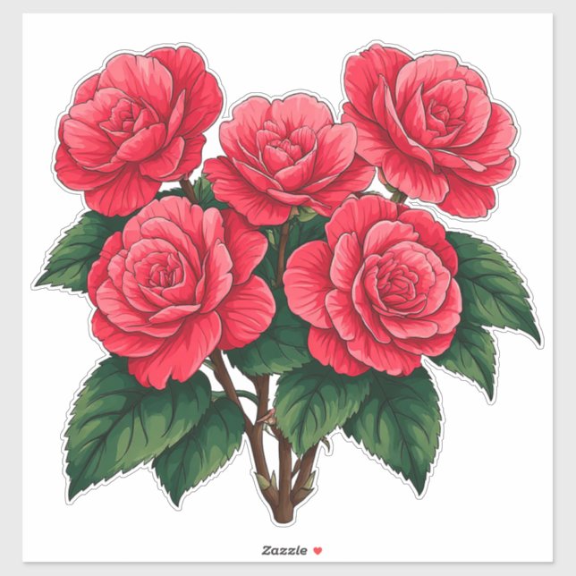 Sticker Bouquet de rose camélia rouge vif (Feuille)