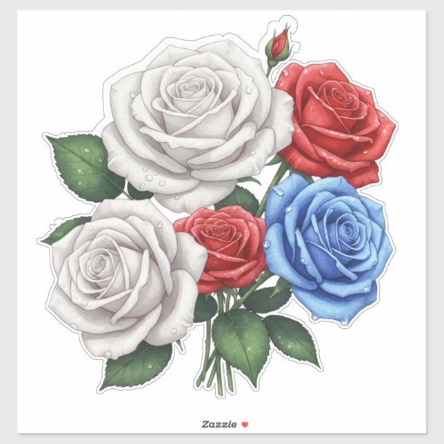 Sticker Bouquet de roses blanches, rouges et bleues (Feuille)