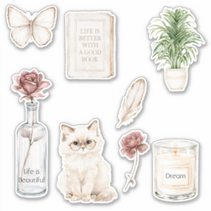 Sticker Bouteille Rose Rouge Papillon Chat Bougie Livre Pl