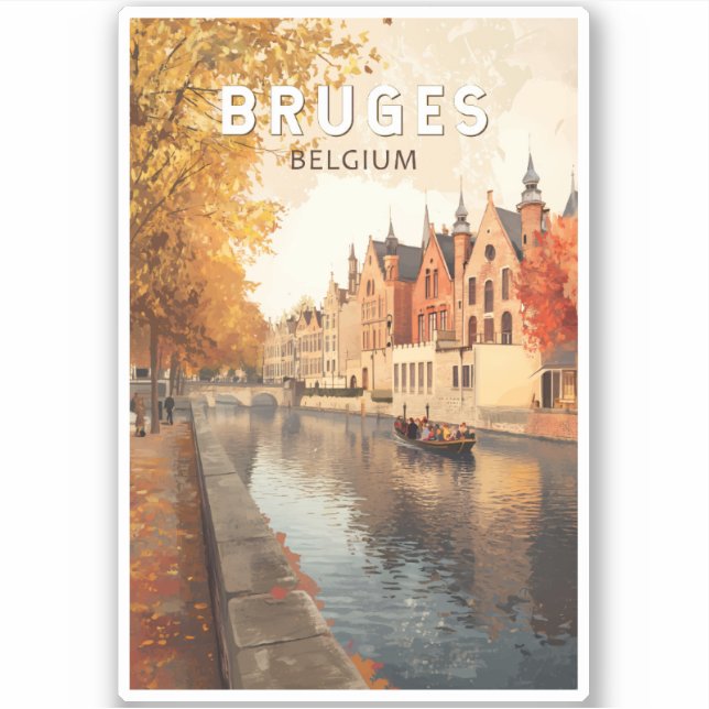 Sticker Bruges Belgique Illustration Voyage Art Vintage (Devant)