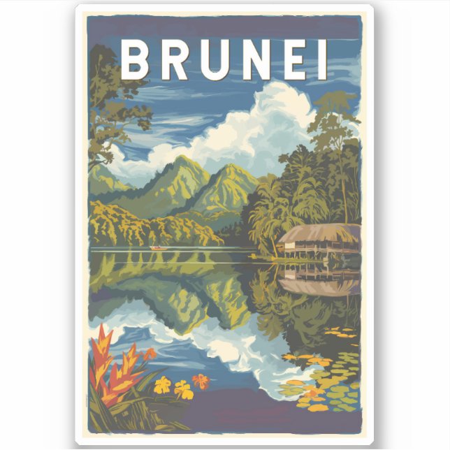 Sticker Brunei Illustration peinte Voyage Art Vintage (Devant)