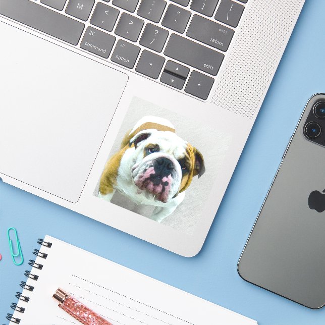 Sticker Bulldog Painting - Joli art original chien (Ordinateur portable avec iPhone)