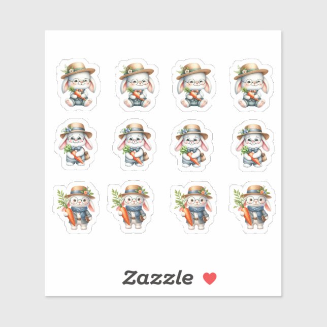 Sticker Bunnies de Pâques avec carottes et lunettes (Feuille)