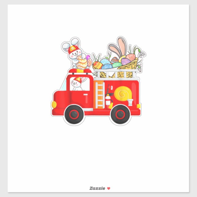 Sticker Bunny Riding Firetruck Easter Day Firefighter Happ (Feuille)