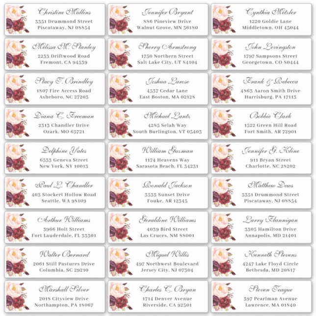Sticker Burgundy Red Floral Mariage Adresse d'hôte (Devant)