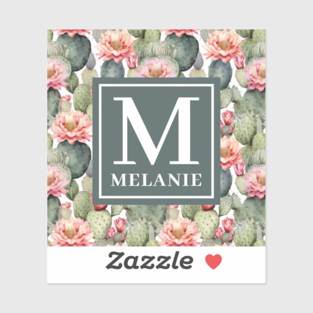 Sticker Cactus Motif Fleurs roses Monogramme (Feuille)
