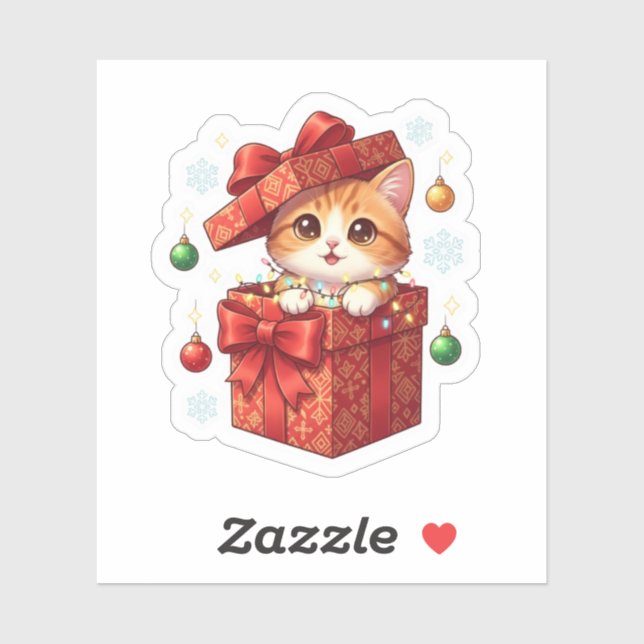 Sticker Cadeau Boîte Surprise Mignon Chat Sortant Noël  (Feuille)
