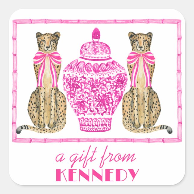 Sticker cadeau Cheetah Chinoserie Hot Pink (Devant)
