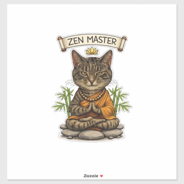 Sticker Cadeau de chat de maître zen drôle chat gris tabby (Feuille)