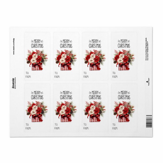 Sticker cadeau Roses rouges + Poinsettias Noël (Feuille entière)