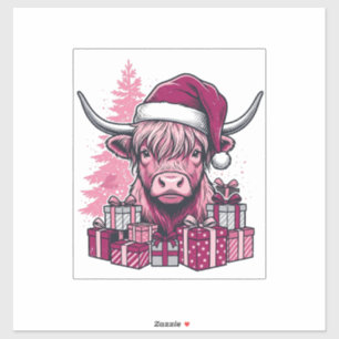 Sticker Cadeaux de Noël de vache des Highlands rose Art vi
