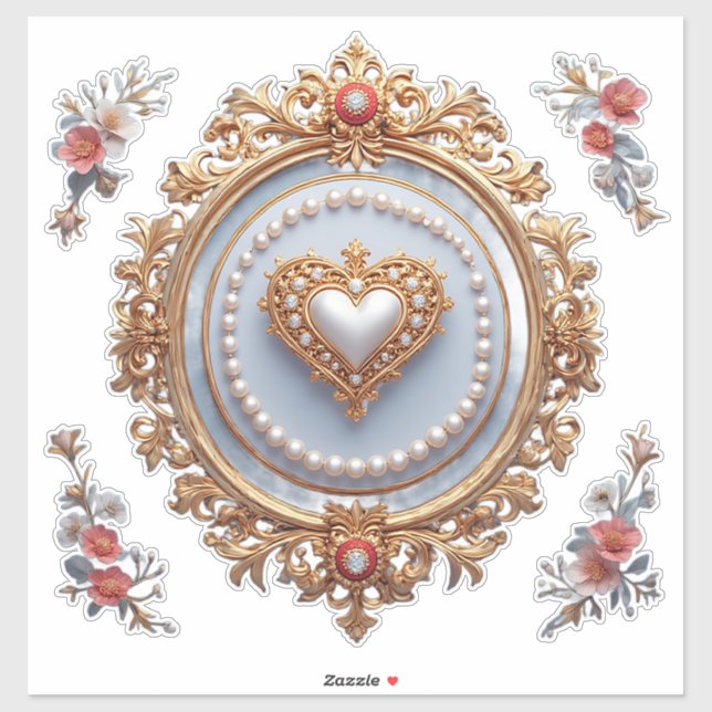 Sticker Cadre doré orné avec gemme en forme de cœur (Feuille)