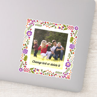 Sticker Cadre fleuri violet, orange et vert avec photo